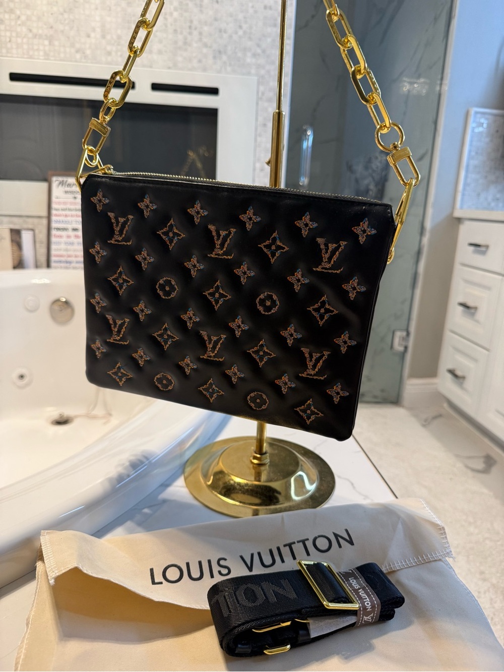 Louis Vuitton Black Monogram Leather Shoulder Bag with Gold Chain